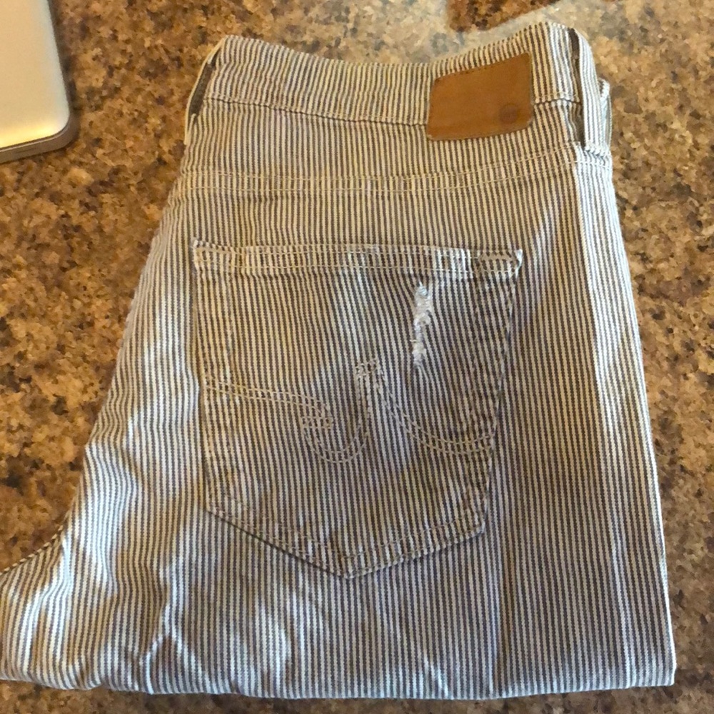 Black and white striped cropped boyfriend pants